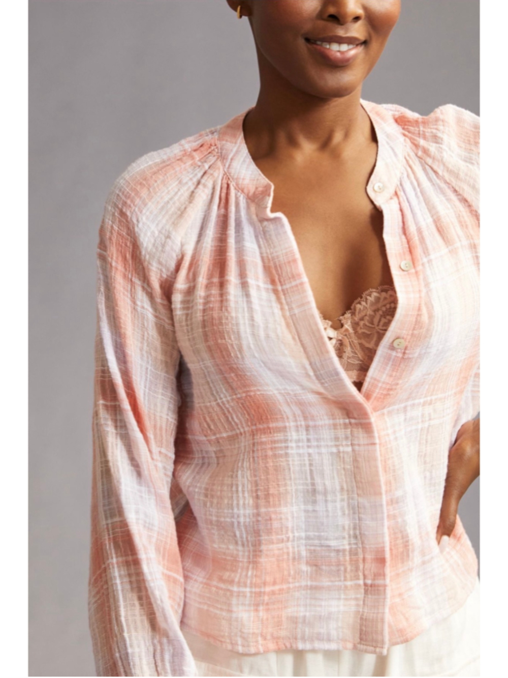 Women's Cloth & Stone Plaid Button Down Shirt Peach White Size S